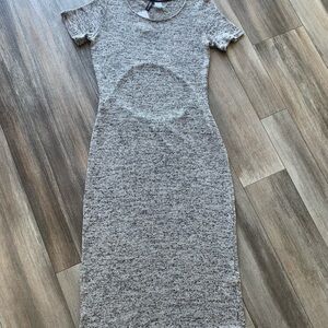 Heather Gray Short-Sleeve Knit Midi Dress with Key Hole cutout in back